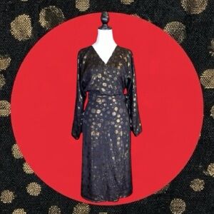 ModCloth Black & Gold Metallic Polka Dot Long Sleeve Wrap Midi Dress Size L